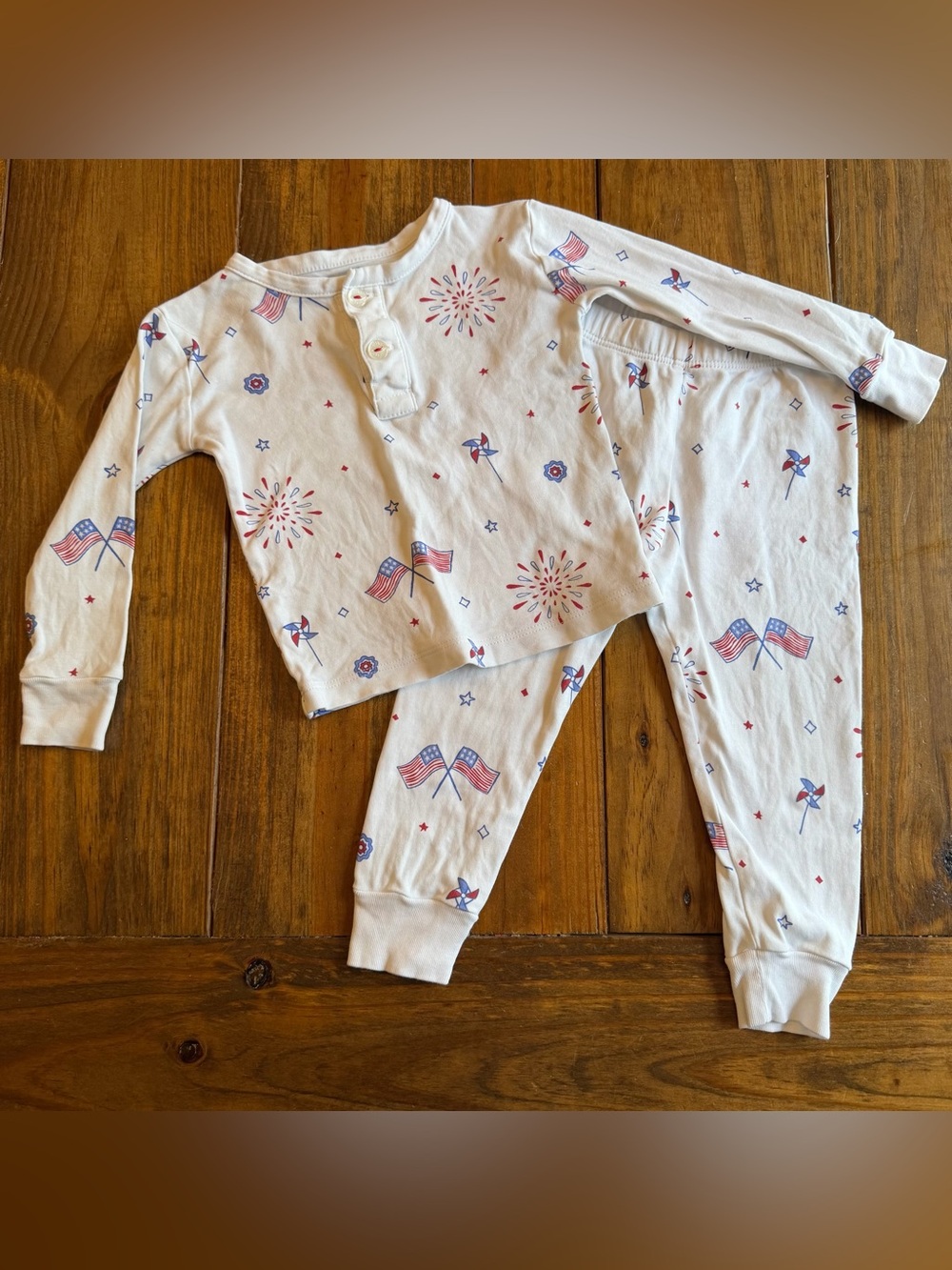Little English White Pajama Set with Red & Blue Patriotic Flag Print